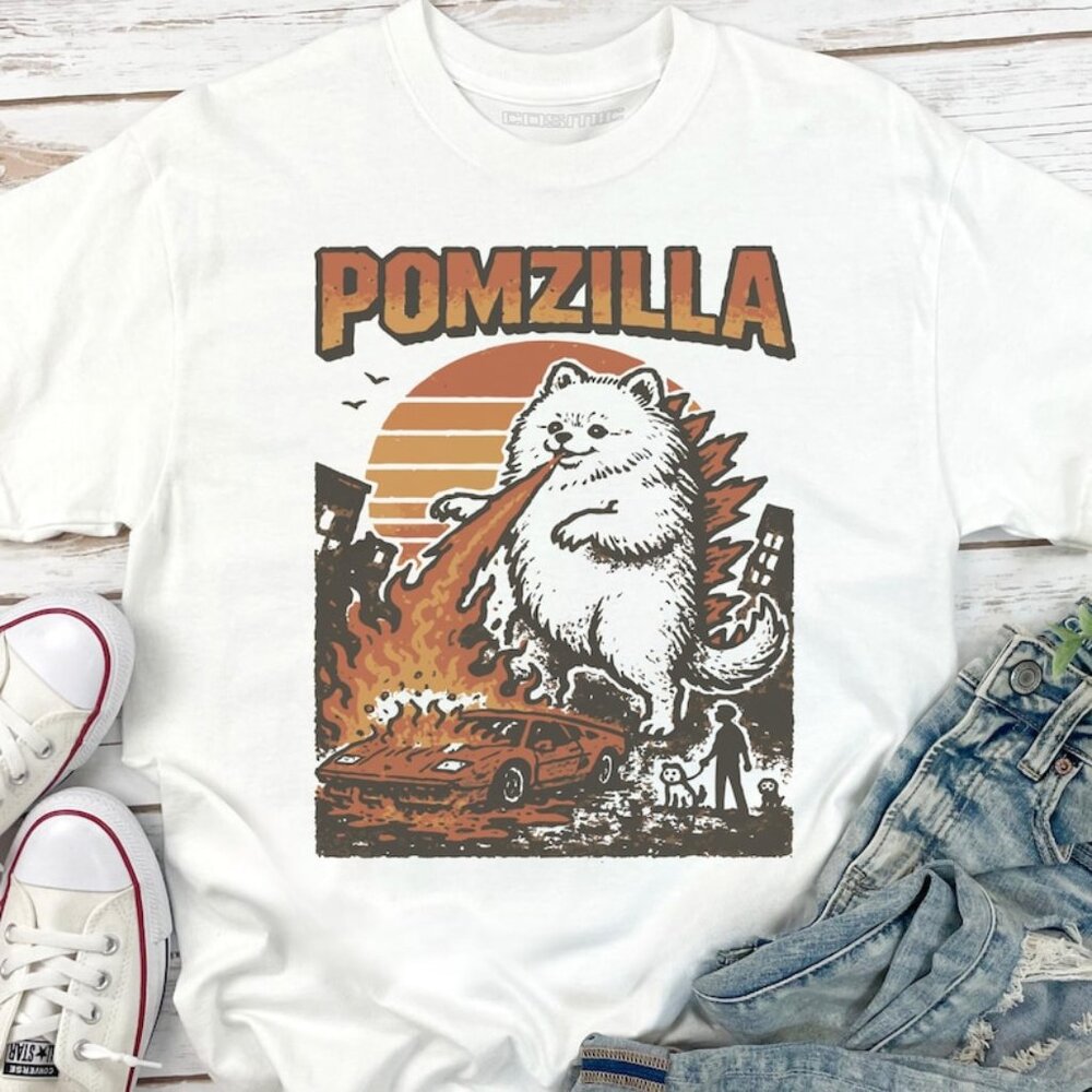 Funny Pomeranian Godzilla Shirt – Vintage Comic Monster Pom Tee, Weird Fire- 166